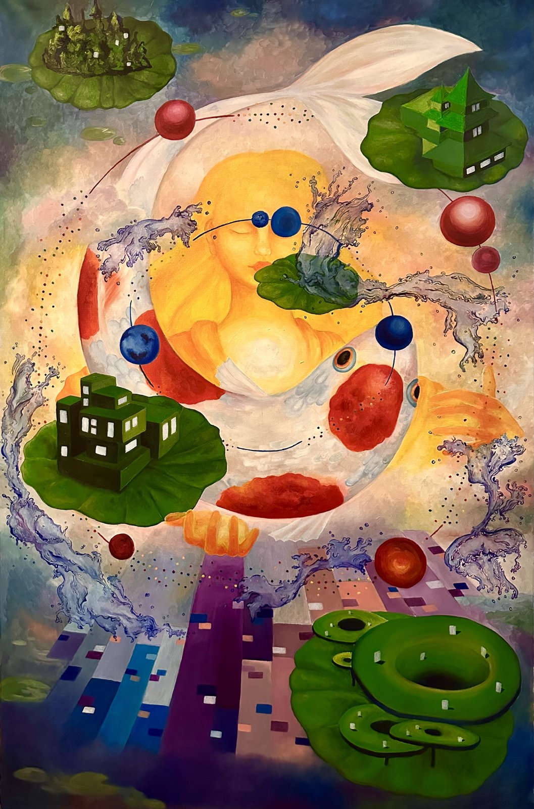 As Water 上善若水 — oil painting depicting a koi pond with branching forms