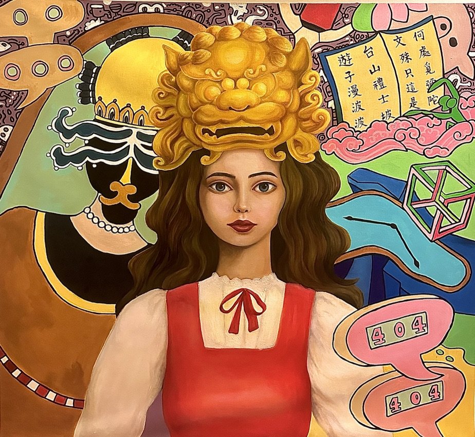 Present — acrylic and oil painting featuring a golden lion crown