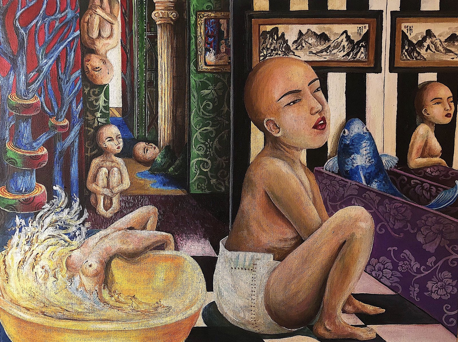 The Uncanny — surrealist acrylic painting with multiple faces and eyes