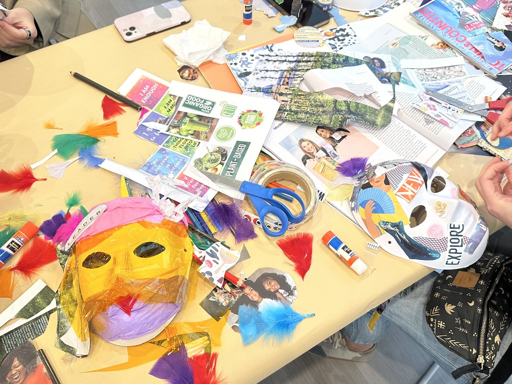 Mask-making with feathers, collage, and mixed media